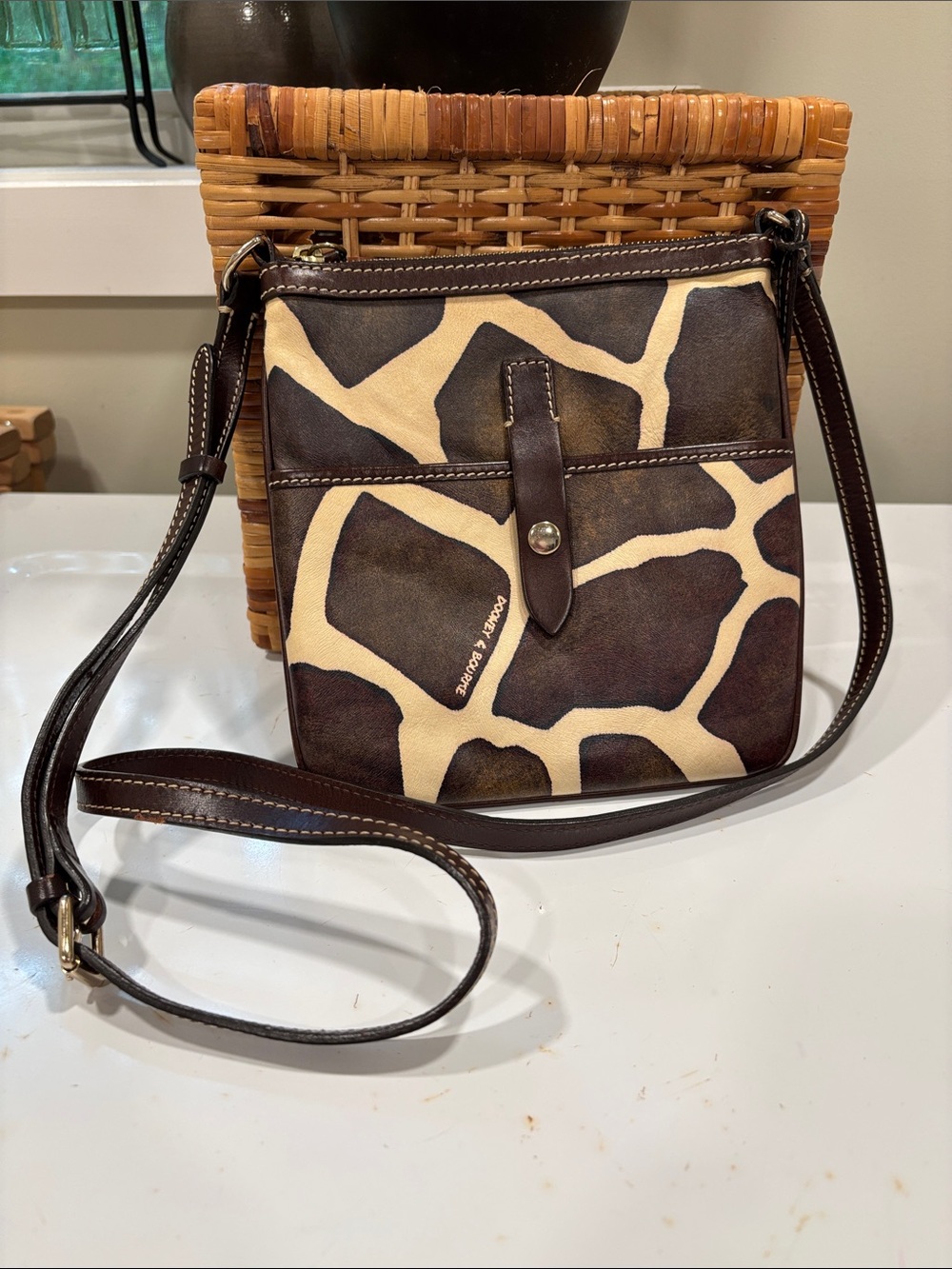 Dooney & Bourke Brown & Cream Leather Trim Giraffe-Print Crossbody